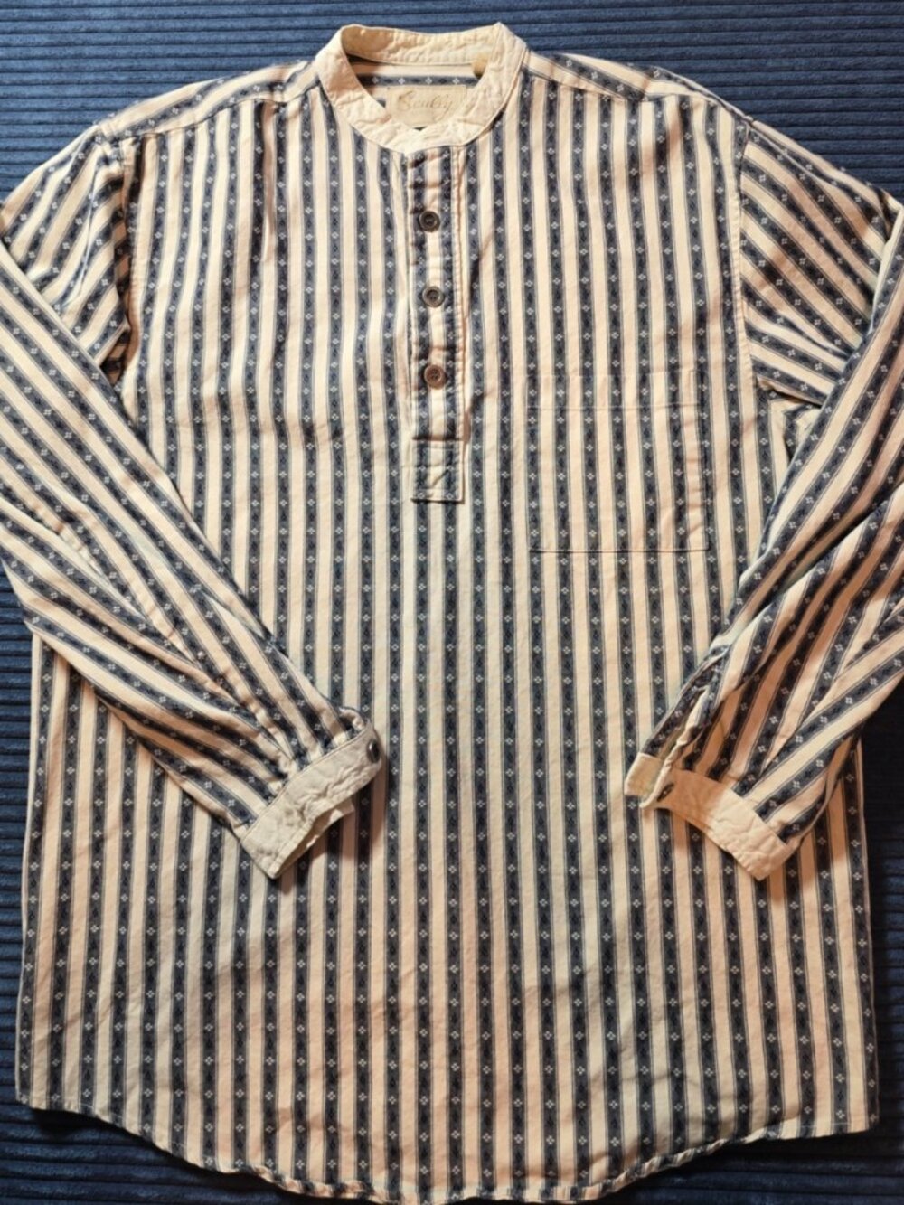 Scully Men’s M Western Shirt-100% Cotton-Cream Navy Stripe-Frontier Old West